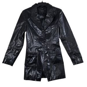 Guess Leather Blazer Womens S Black Button Front Long Sleeve Jacket Preppy Glam